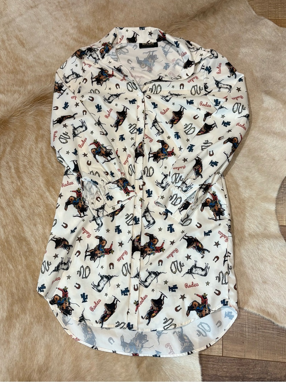 White Rodeo-Print Women's Shirt Dress